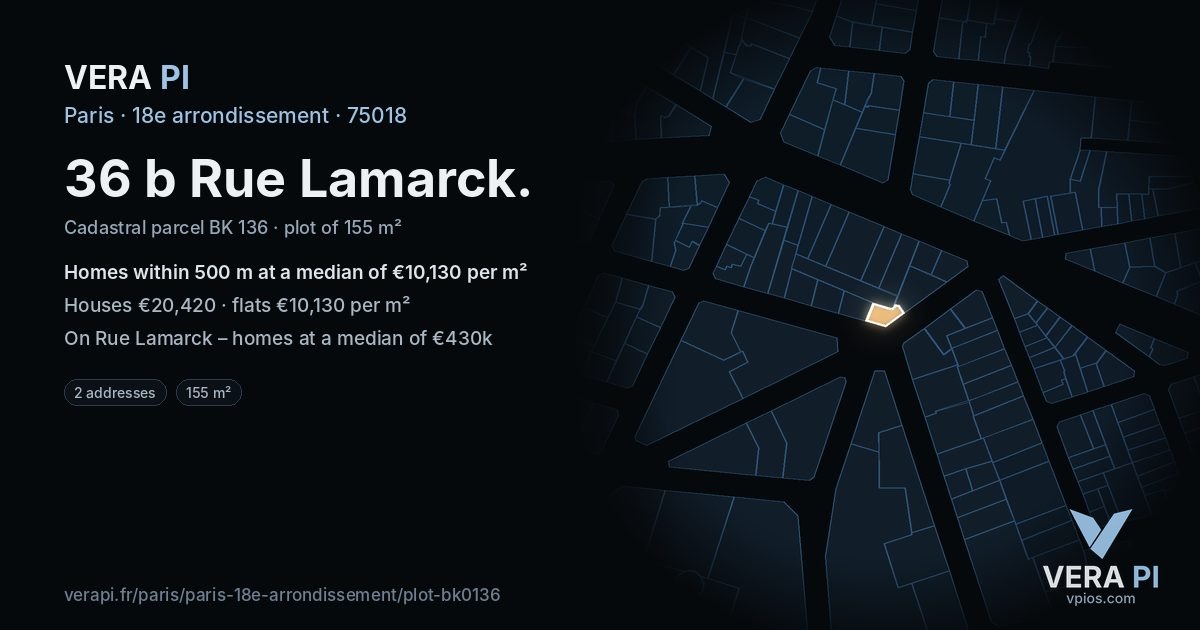36 b Rue Lamarck, 18e arrondissement at night – the plot lit, the parcels around coloured by the prices near them