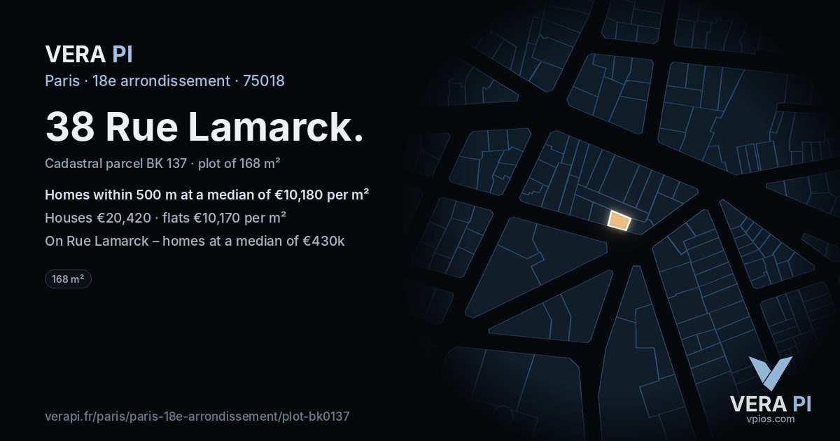 38 Rue Lamarck, 18e arrondissement at night – the plot lit, the parcels around coloured by the prices near them