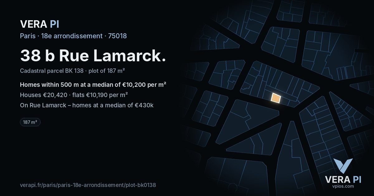 38 b Rue Lamarck, 18e arrondissement at night – the plot lit, the parcels around coloured by the prices near them