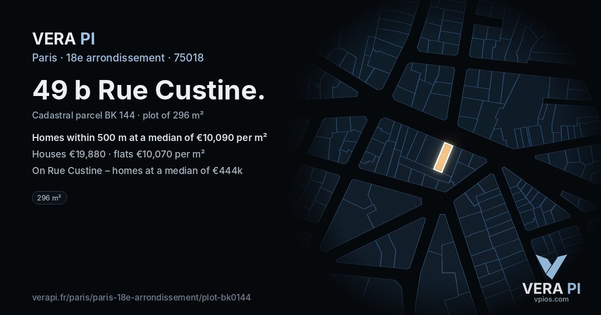 49 b Rue Custine, 18e arrondissement at night – the plot lit, the parcels around coloured by the prices near them