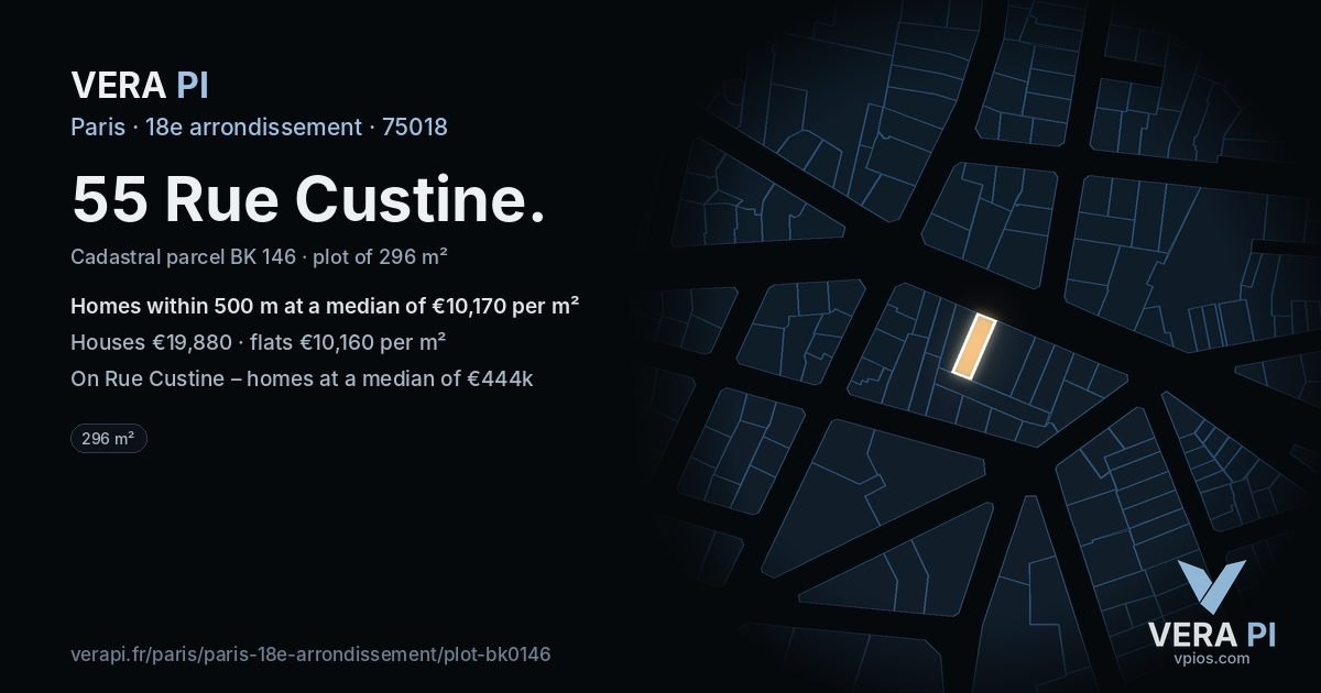55 Rue Custine, 18e arrondissement at night – the plot lit, the parcels around coloured by the prices near them