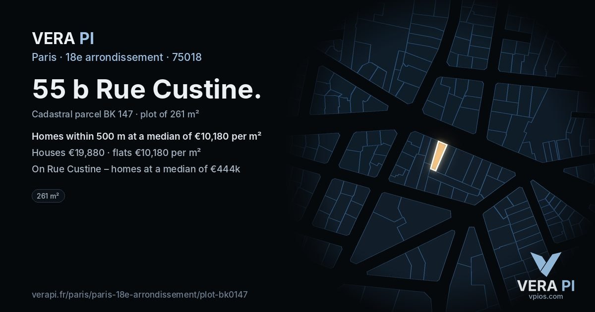 55 b Rue Custine, 18e arrondissement at night – the plot lit, the parcels around coloured by the prices near them