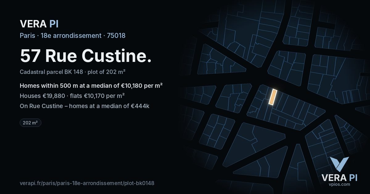 57 Rue Custine, 18e arrondissement at night – the plot lit, the parcels around coloured by the prices near them