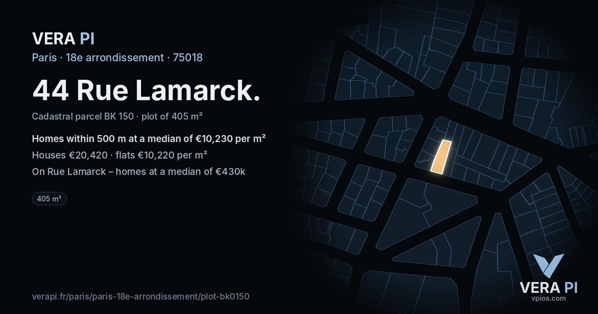 44 Rue Lamarck, 18e arrondissement at night – the plot lit, the parcels around coloured by the prices near them
