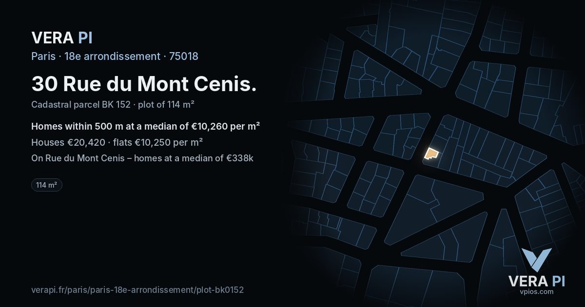 30 Rue du Mont Cenis, 18e arrondissement at night – the plot lit, the parcels around coloured by the prices near them