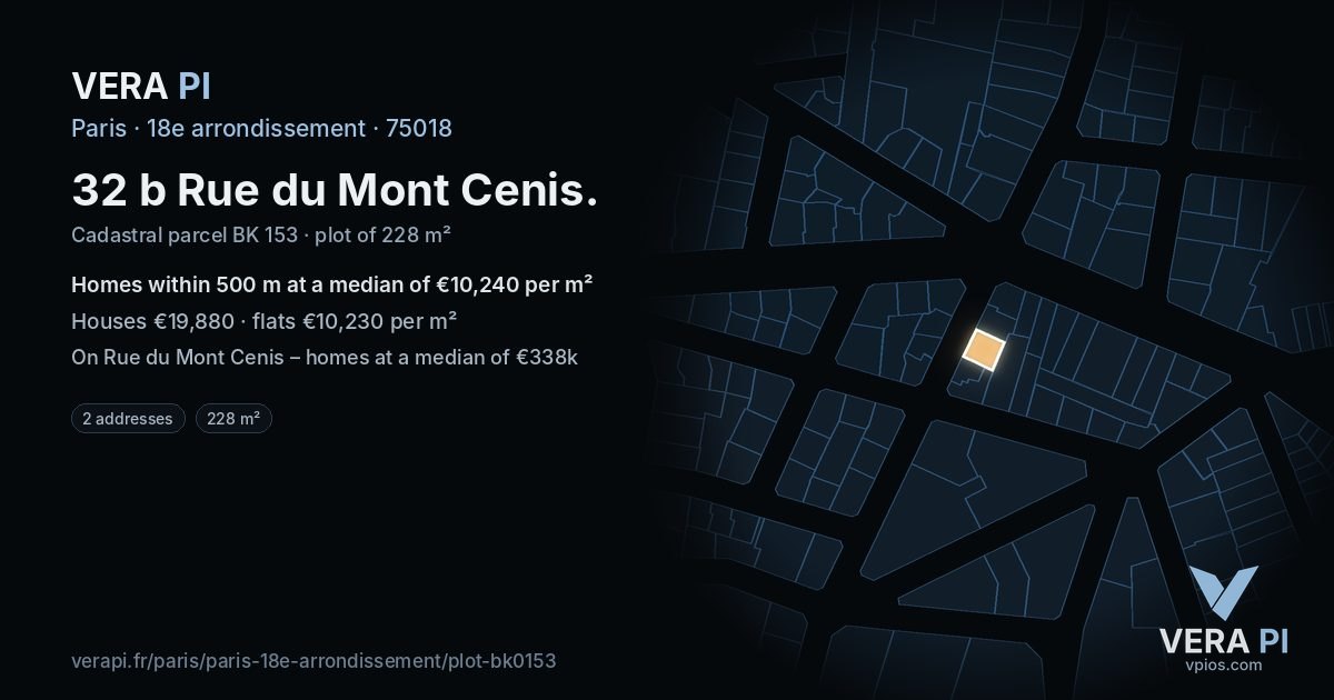 32 b Rue du Mont Cenis, 18e arrondissement at night – the plot lit, the parcels around coloured by the prices near them