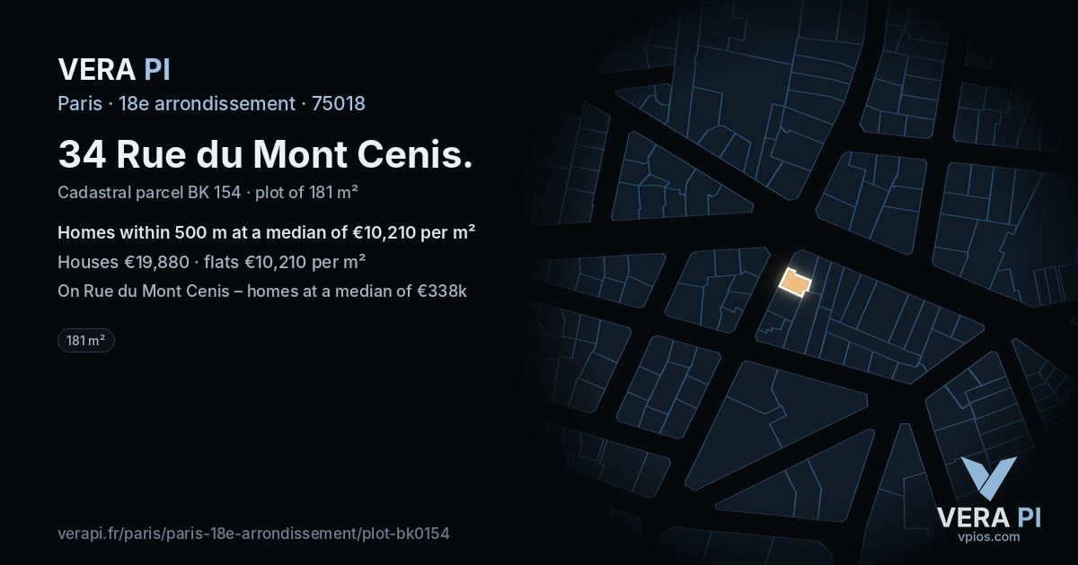 34 Rue du Mont Cenis, 18e arrondissement at night – the plot lit, the parcels around coloured by the prices near them