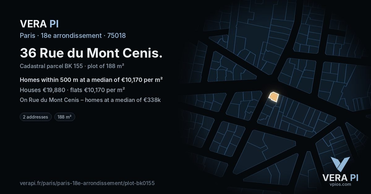 36 Rue du Mont Cenis, 18e arrondissement at night – the plot lit, the parcels around coloured by the prices near them