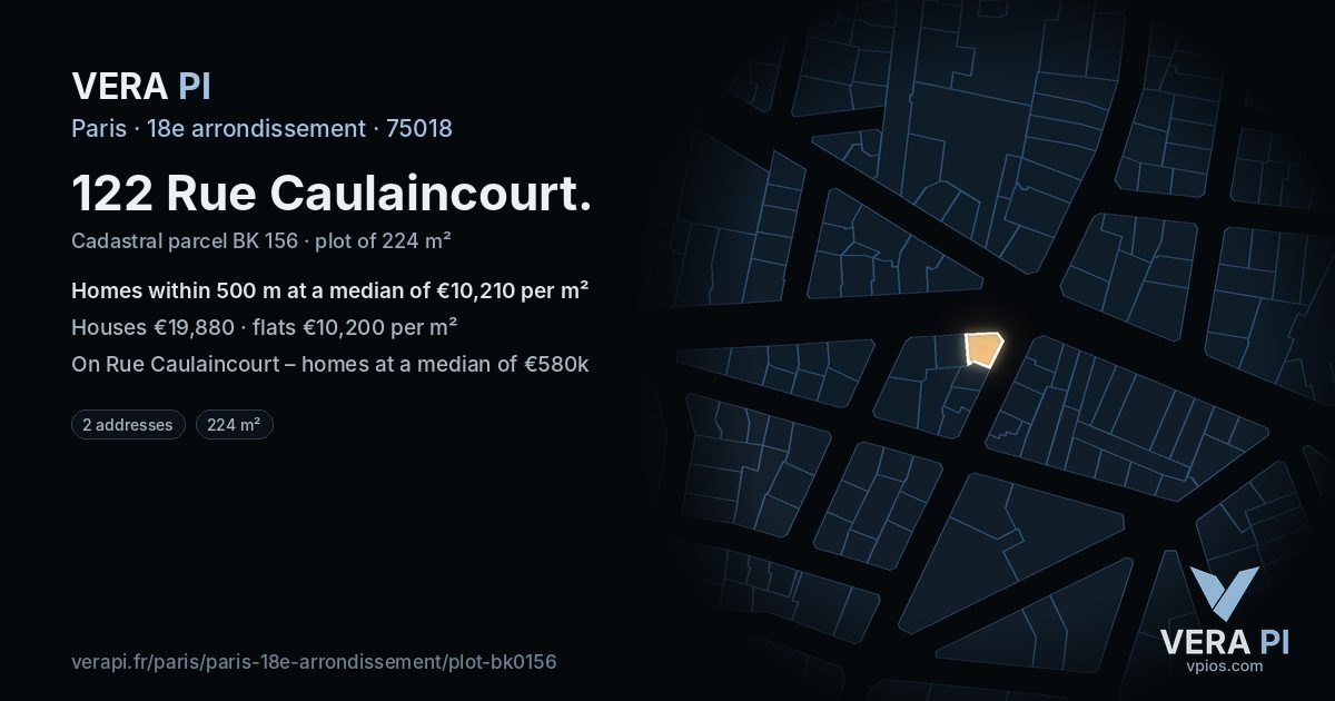 122 Rue Caulaincourt, 18e arrondissement at night – the plot lit, the parcels around coloured by the prices near them