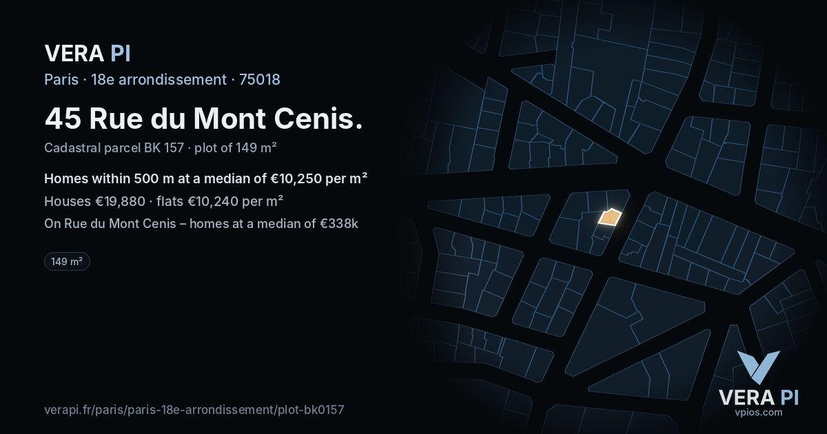 45 Rue du Mont Cenis, 18e arrondissement at night – the plot lit, the parcels around coloured by the prices near them