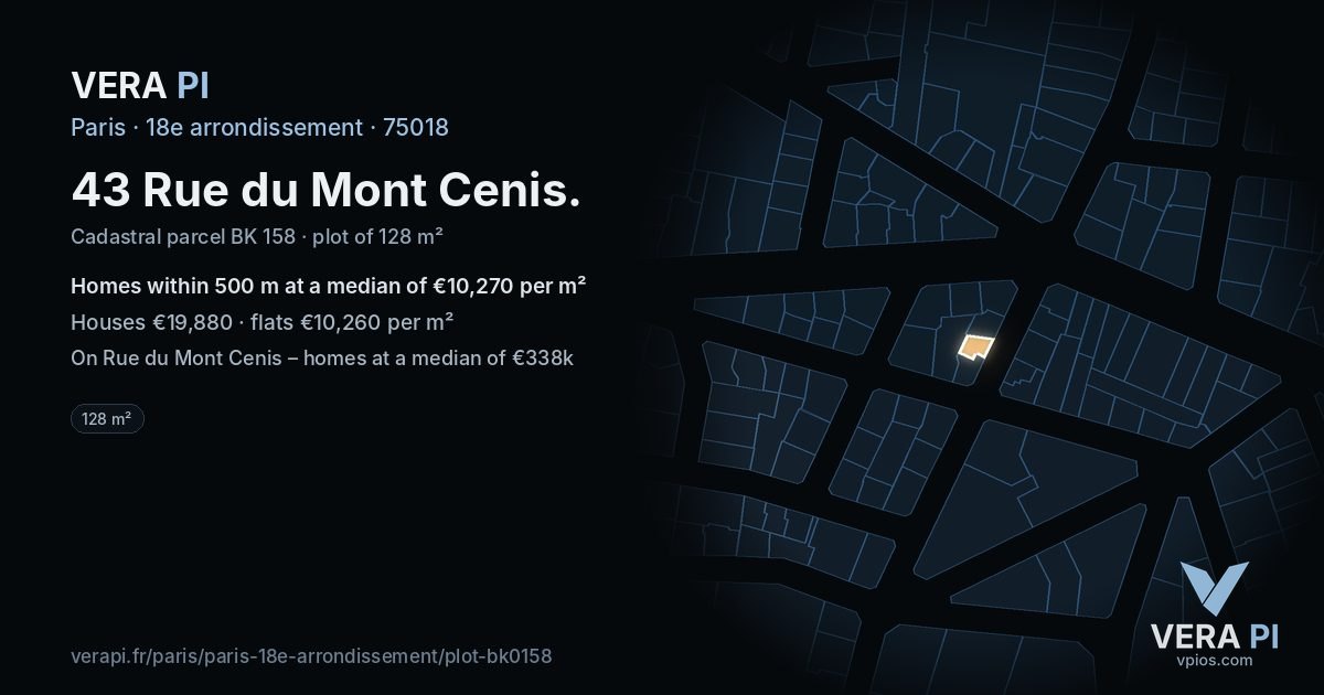 43 Rue du Mont Cenis, 18e arrondissement at night – the plot lit, the parcels around coloured by the prices near them