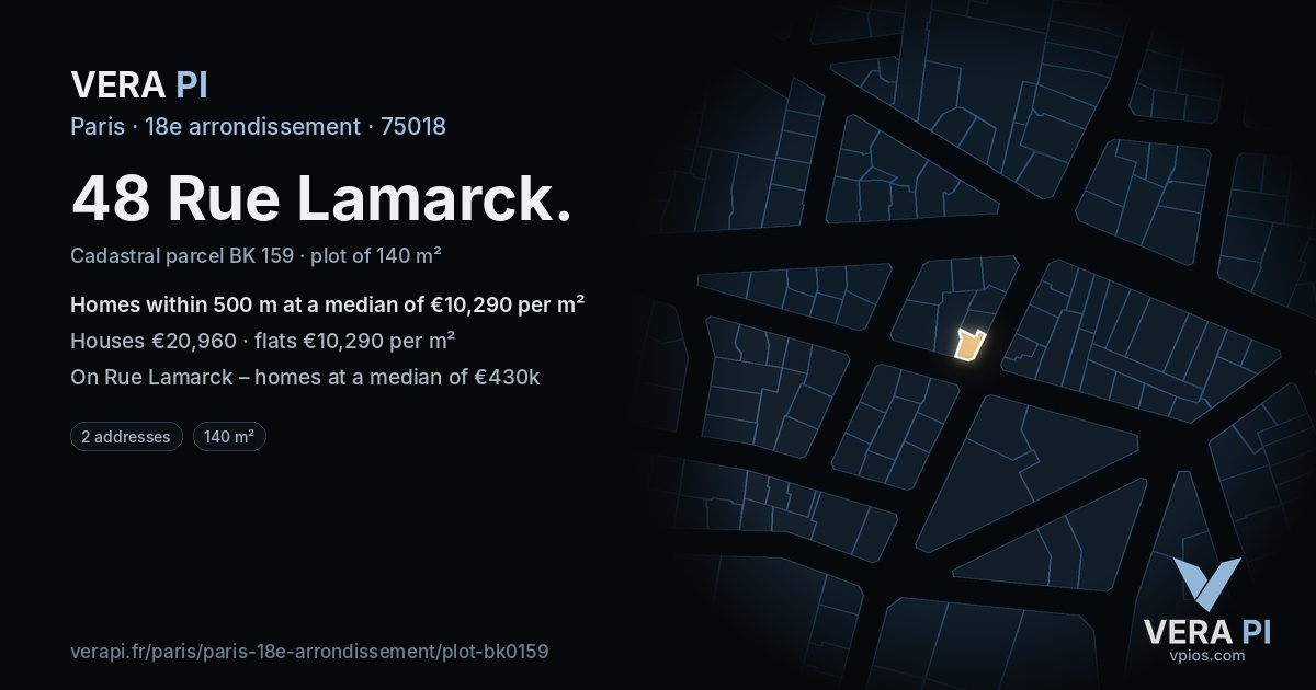 48 Rue Lamarck, 18e arrondissement at night – the plot lit, the parcels around coloured by the prices near them