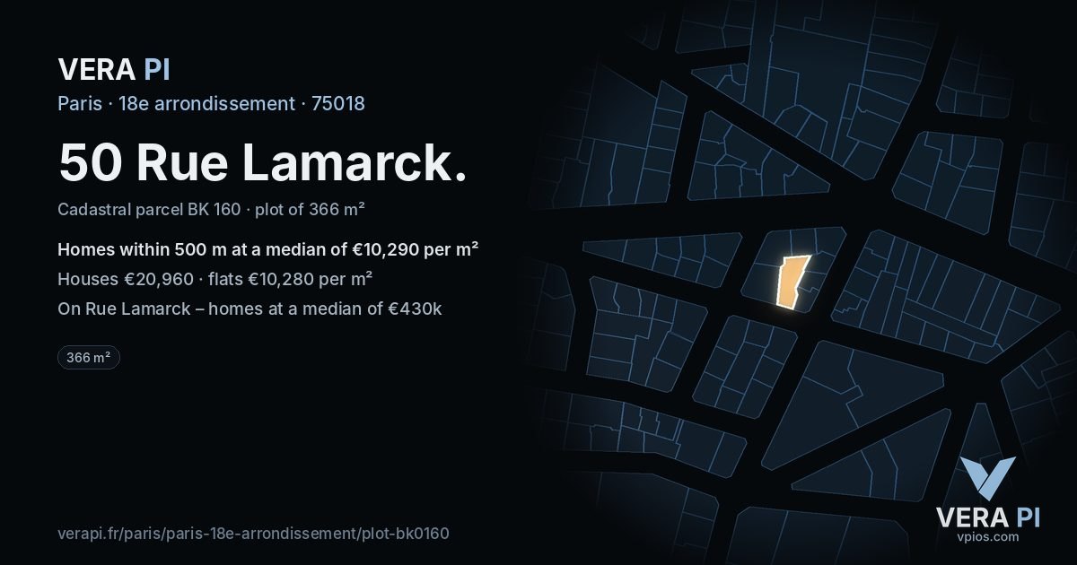 50 Rue Lamarck, 18e arrondissement at night – the plot lit, the parcels around coloured by the prices near them
