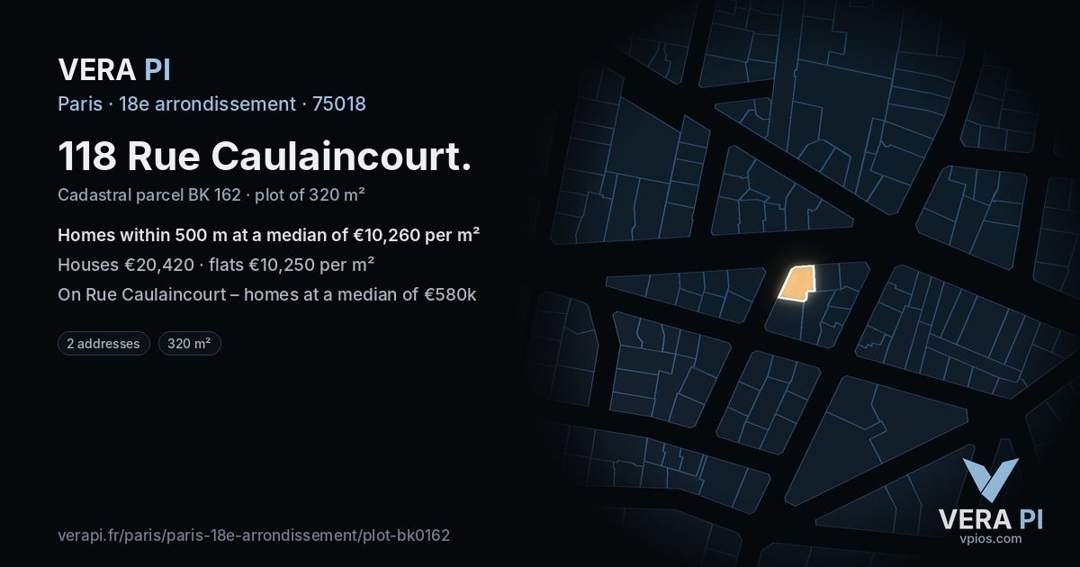 118 Rue Caulaincourt, 18e arrondissement at night – the plot lit, the parcels around coloured by the prices near them