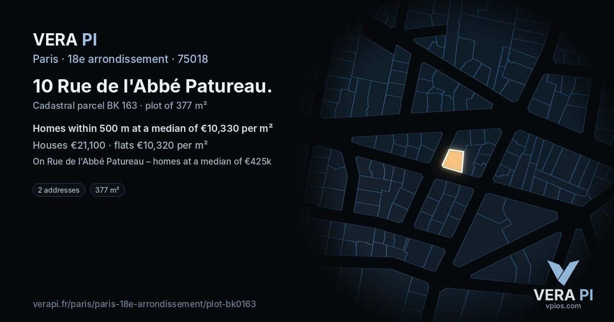 10 Rue de l'Abbé Patureau, 18e arrondissement at night – the plot lit, the parcels around coloured by the prices near them