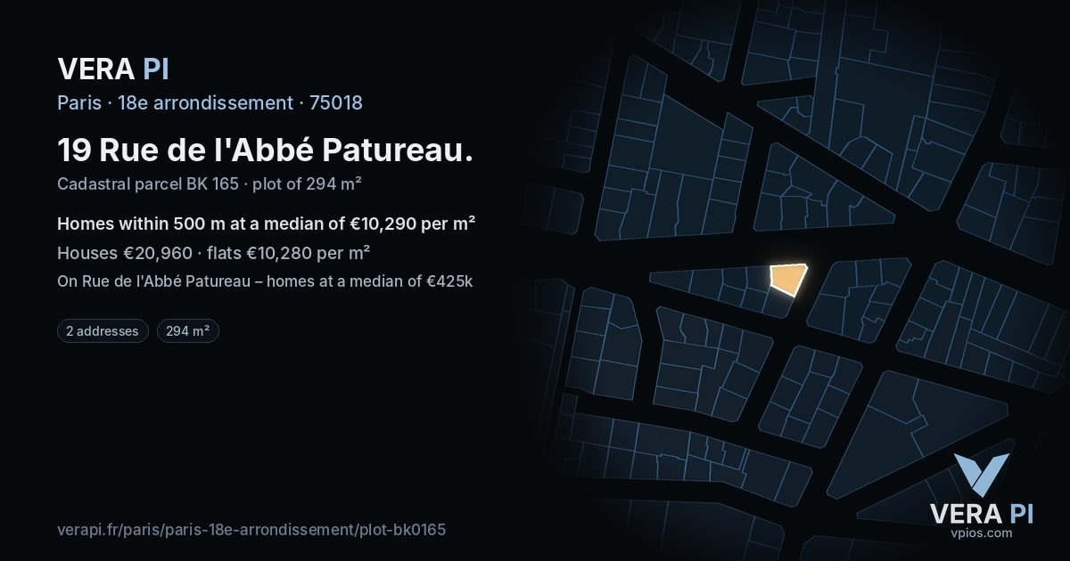 19 Rue de l'Abbé Patureau, 18e arrondissement at night – the plot lit, the parcels around coloured by the prices near them
