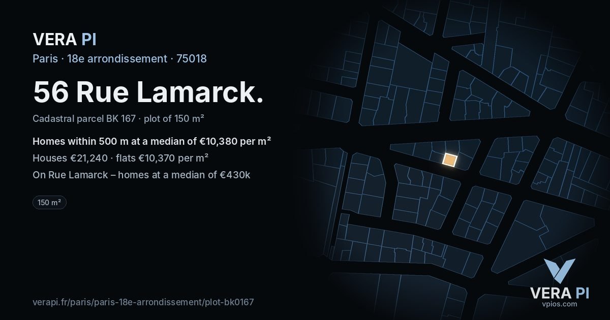 56 Rue Lamarck, 18e arrondissement at night – the plot lit, the parcels around coloured by the prices near them