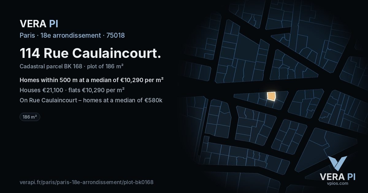 114 Rue Caulaincourt, 18e arrondissement at night – the plot lit, the parcels around coloured by the prices near them