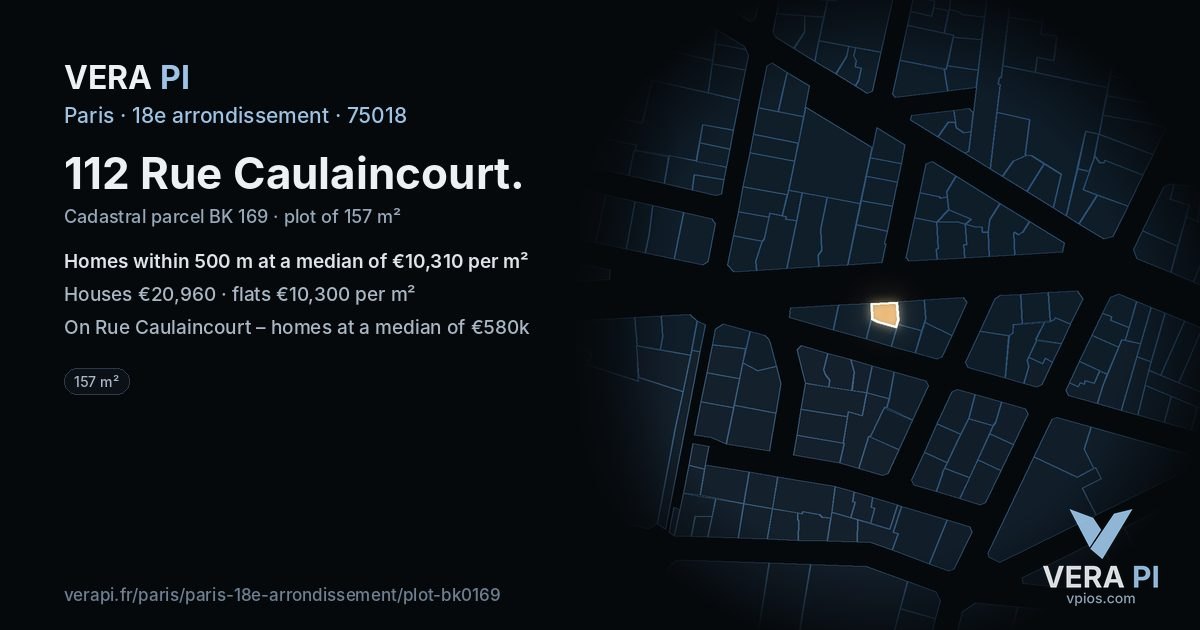 112 Rue Caulaincourt, 18e arrondissement at night – the plot lit, the parcels around coloured by the prices near them