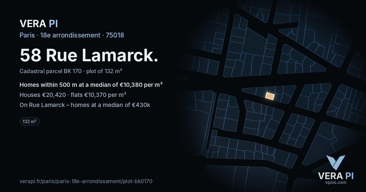 58 Rue Lamarck, 18e arrondissement at night – the plot lit, the parcels around coloured by the prices near them