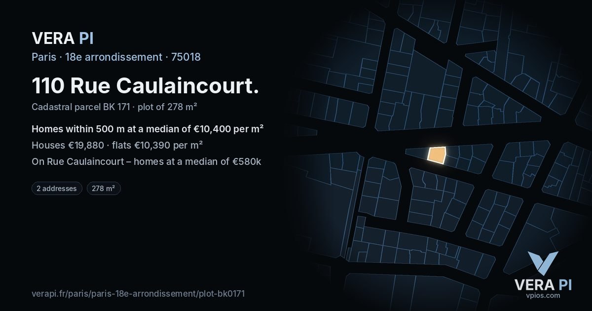 110 Rue Caulaincourt, 18e arrondissement at night – the plot lit, the parcels around coloured by the prices near them