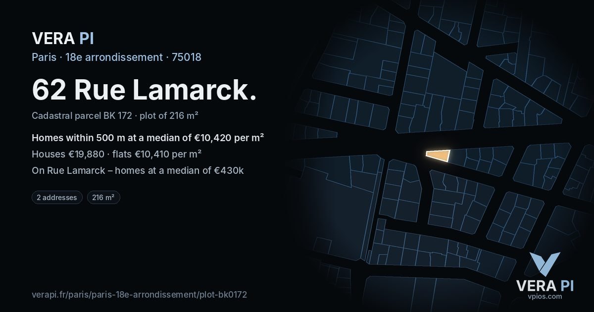 62 Rue Lamarck, 18e arrondissement at night – the plot lit, the parcels around coloured by the prices near them