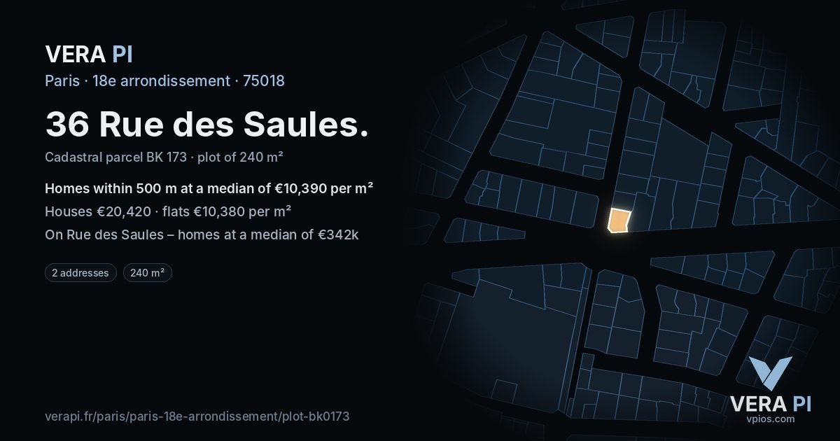 36 Rue des Saules, 18e arrondissement at night – the plot lit, the parcels around coloured by the prices near them