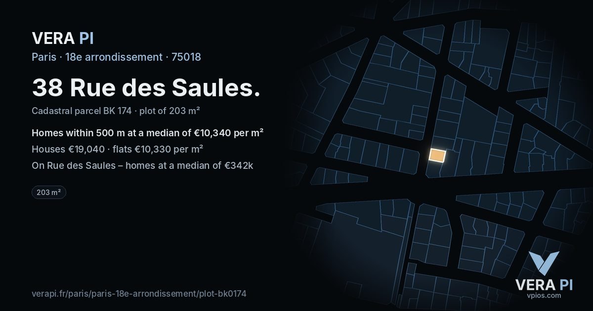38 Rue des Saules, 18e arrondissement at night – the plot lit, the parcels around coloured by the prices near them