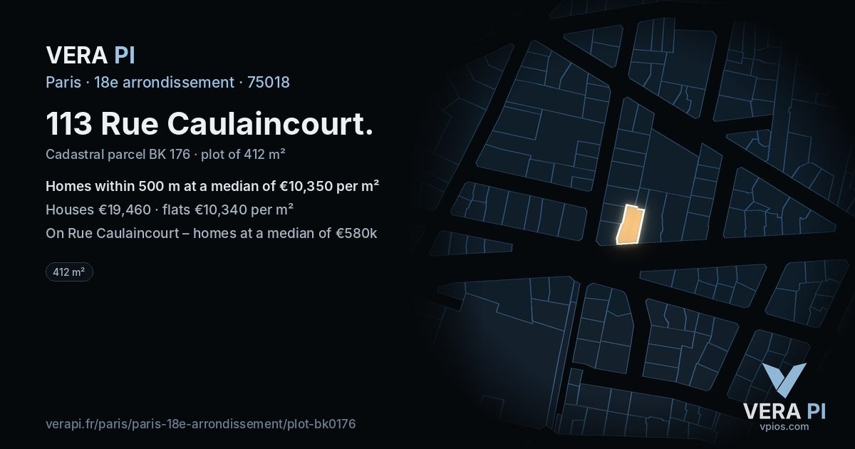 113 Rue Caulaincourt, 18e arrondissement at night – the plot lit, the parcels around coloured by the prices near them