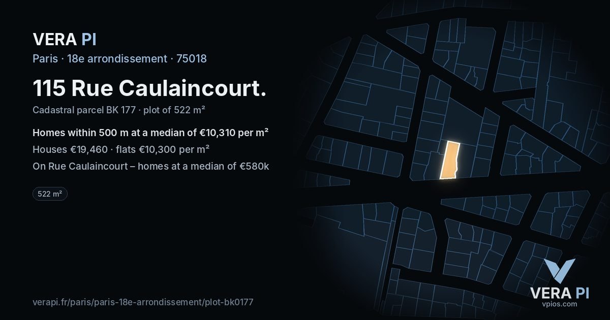115 Rue Caulaincourt, 18e arrondissement at night – the plot lit, the parcels around coloured by the prices near them