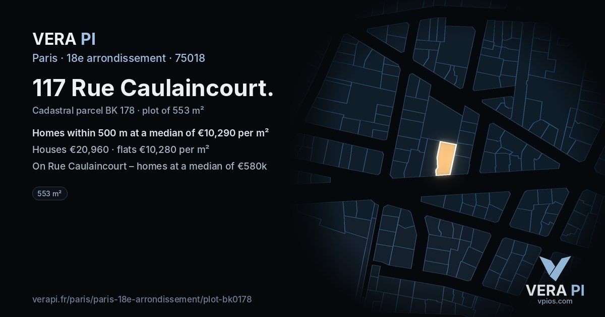 117 Rue Caulaincourt, 18e arrondissement at night – the plot lit, the parcels around coloured by the prices near them
