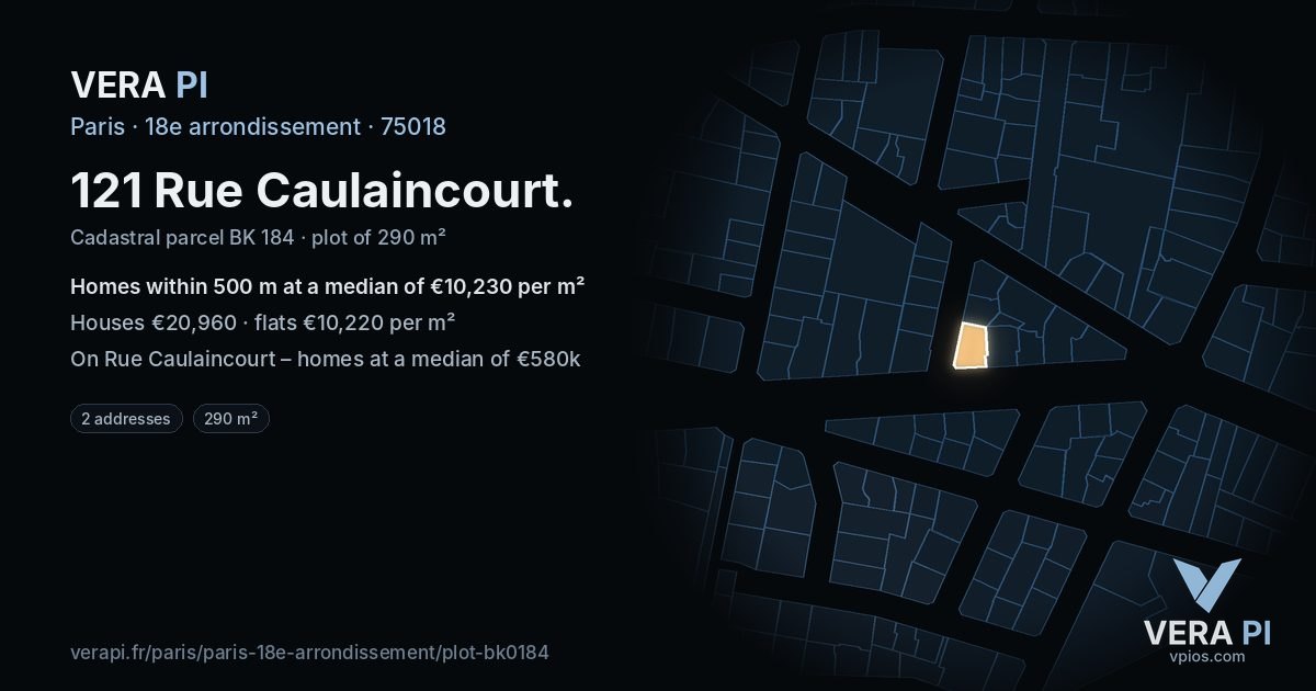 121 Rue Caulaincourt, 18e arrondissement at night – the plot lit, the parcels around coloured by the prices near them