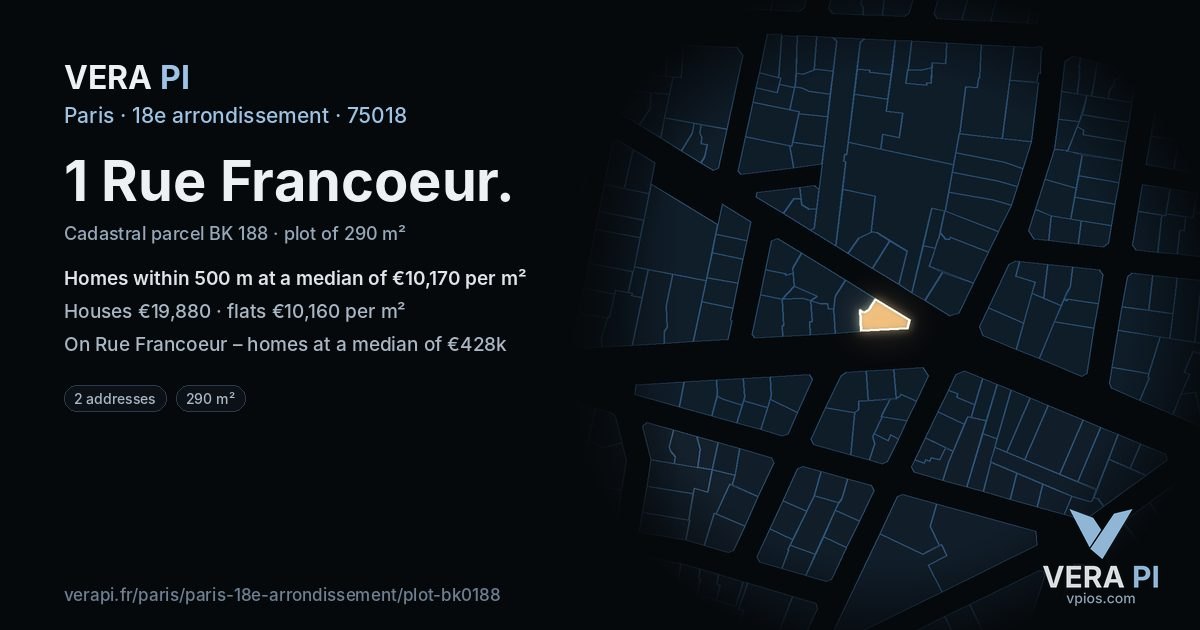 1 Rue Francoeur, 18e arrondissement at night – the plot lit, the parcels around coloured by the prices near them
