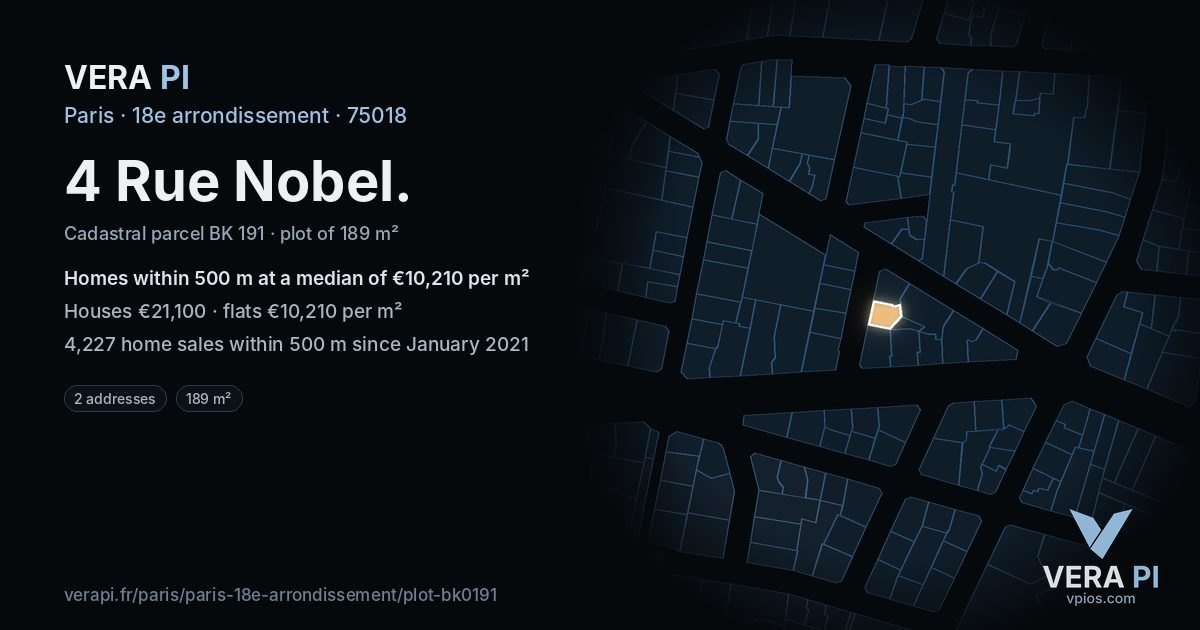 4 Rue Nobel, 18e arrondissement at night – the plot lit, the parcels around coloured by the prices near them