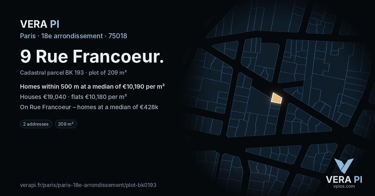 9 Rue Francoeur, 18e arrondissement at night – the plot lit, the parcels around coloured by the prices near them