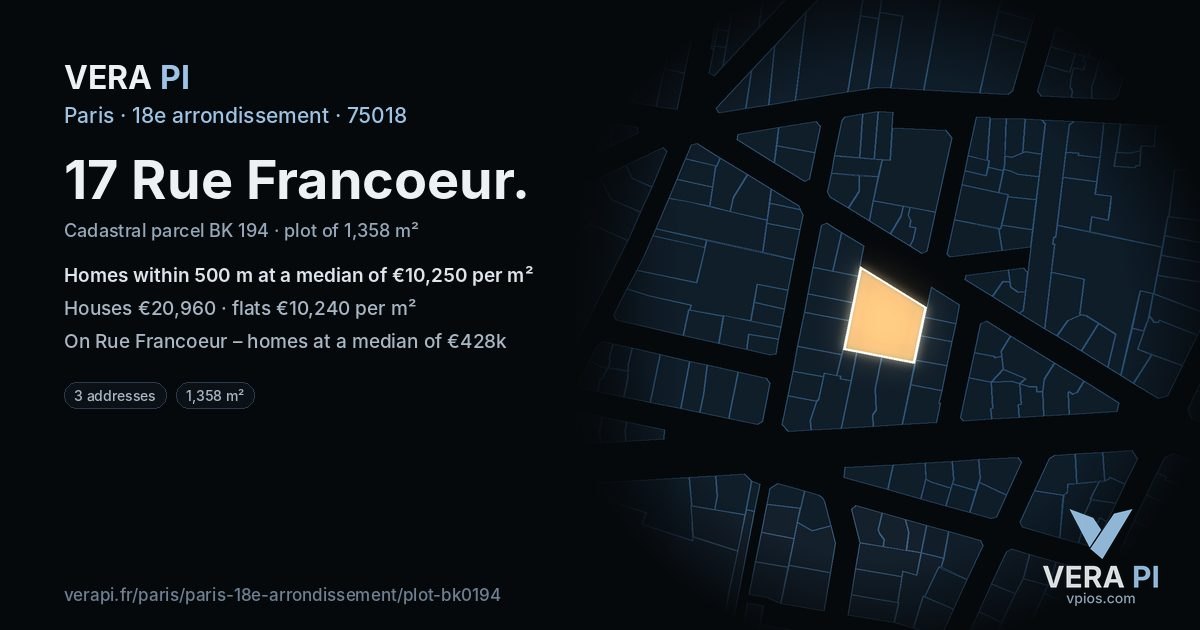 17 Rue Francoeur, 18e arrondissement at night – the plot lit, the parcels around coloured by the prices near them