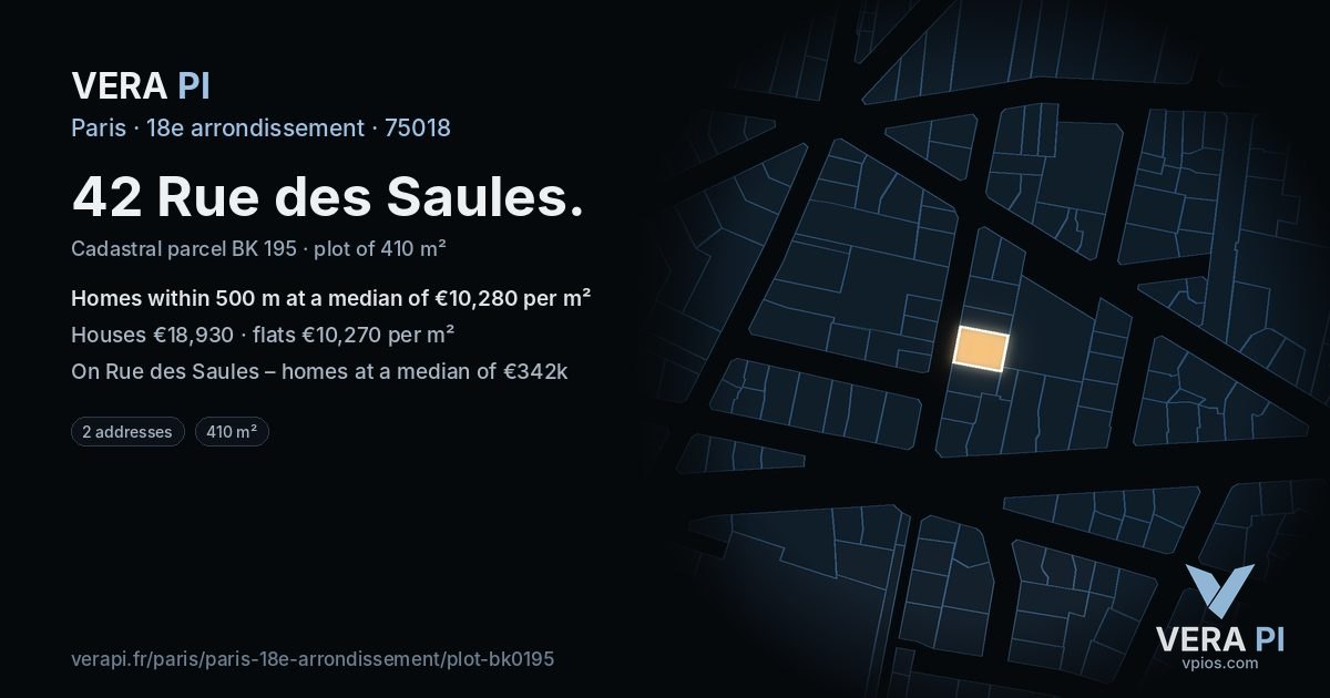 42 Rue des Saules, 18e arrondissement at night – the plot lit, the parcels around coloured by the prices near them