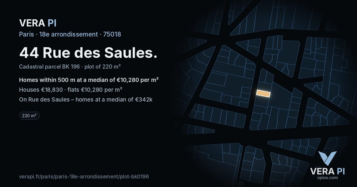 44 Rue des Saules, 18e arrondissement at night – the plot lit, the parcels around coloured by the prices near them