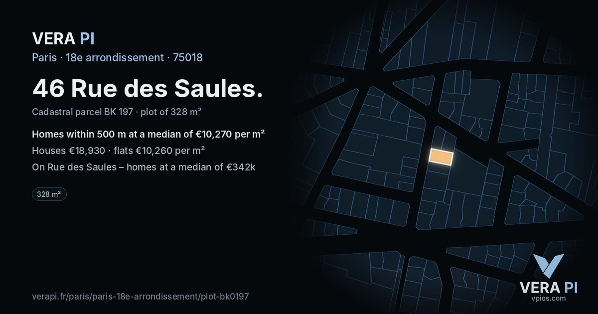 46 Rue des Saules, 18e arrondissement at night – the plot lit, the parcels around coloured by the prices near them