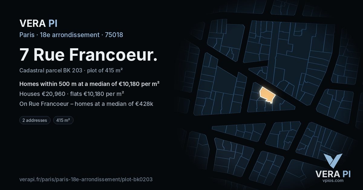 7 Rue Francoeur, 18e arrondissement at night – the plot lit, the parcels around coloured by the prices near them