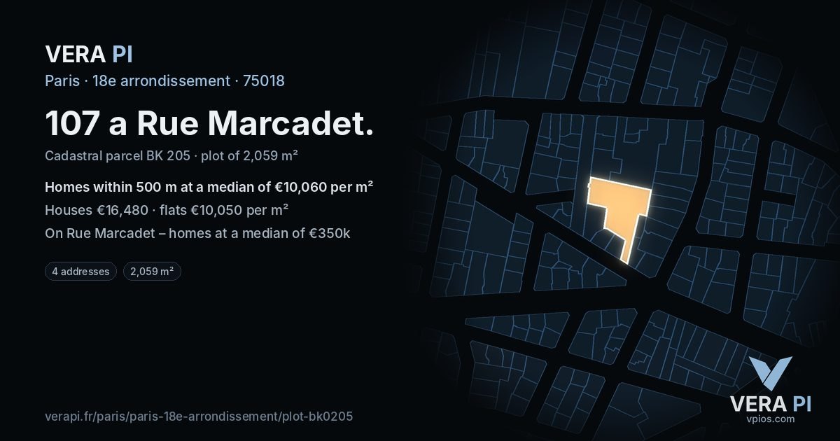107 a Rue Marcadet, 18e arrondissement at night – the plot lit, the parcels around coloured by the prices near them