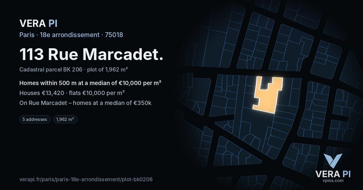 113 Rue Marcadet, 18e arrondissement at night – the plot lit, the parcels around coloured by the prices near them