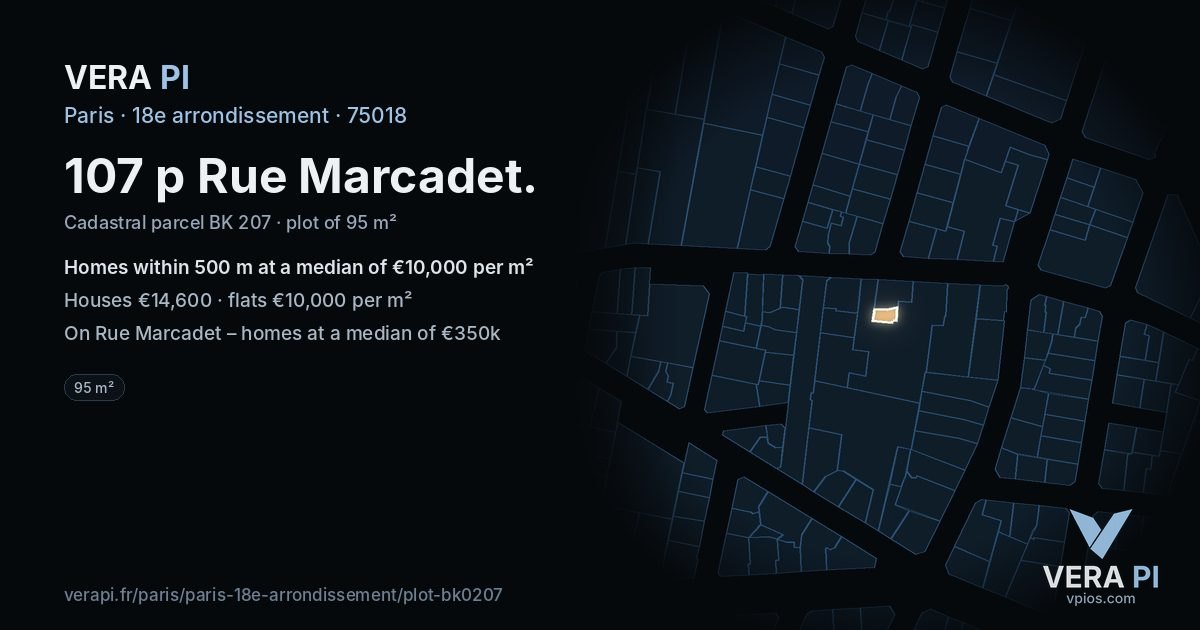 107 p Rue Marcadet, 18e arrondissement at night – the plot lit, the parcels around coloured by the prices near them