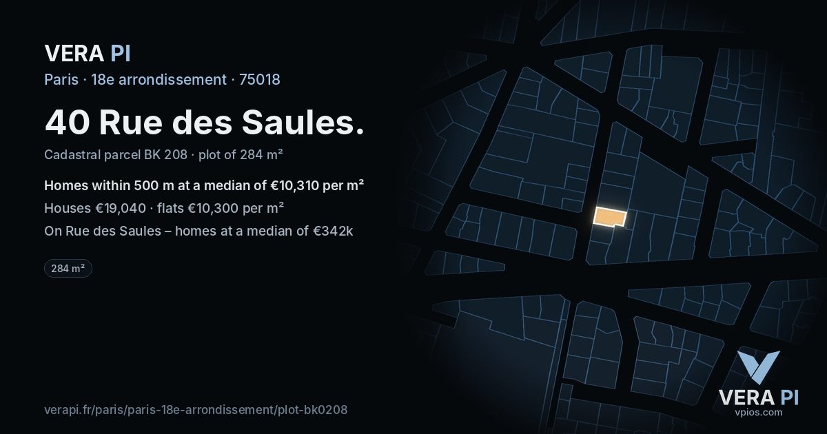 40 Rue des Saules, 18e arrondissement at night – the plot lit, the parcels around coloured by the prices near them