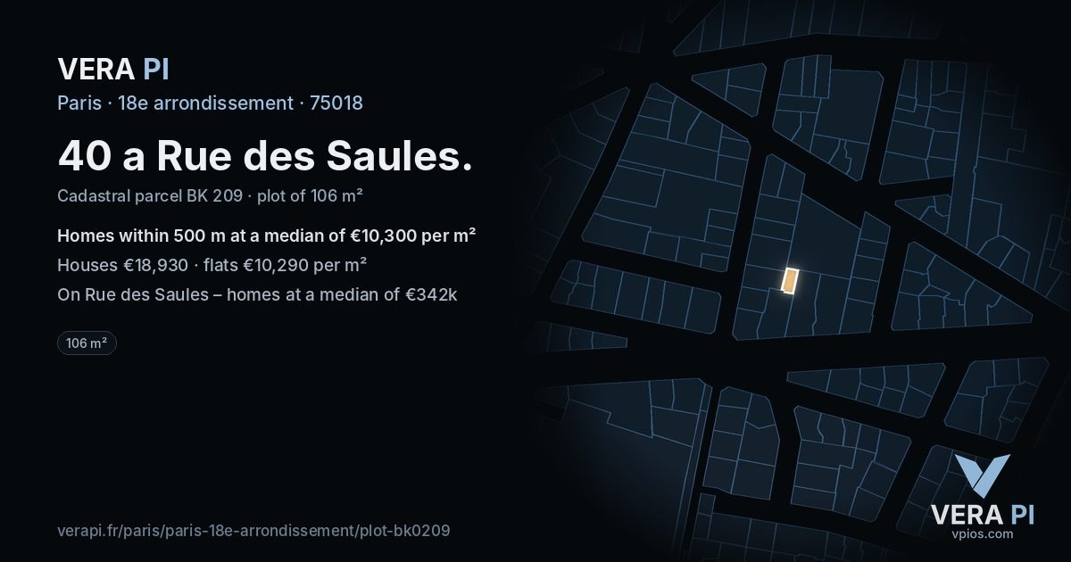 40 a Rue des Saules, 18e arrondissement at night – the plot lit, the parcels around coloured by the prices near them