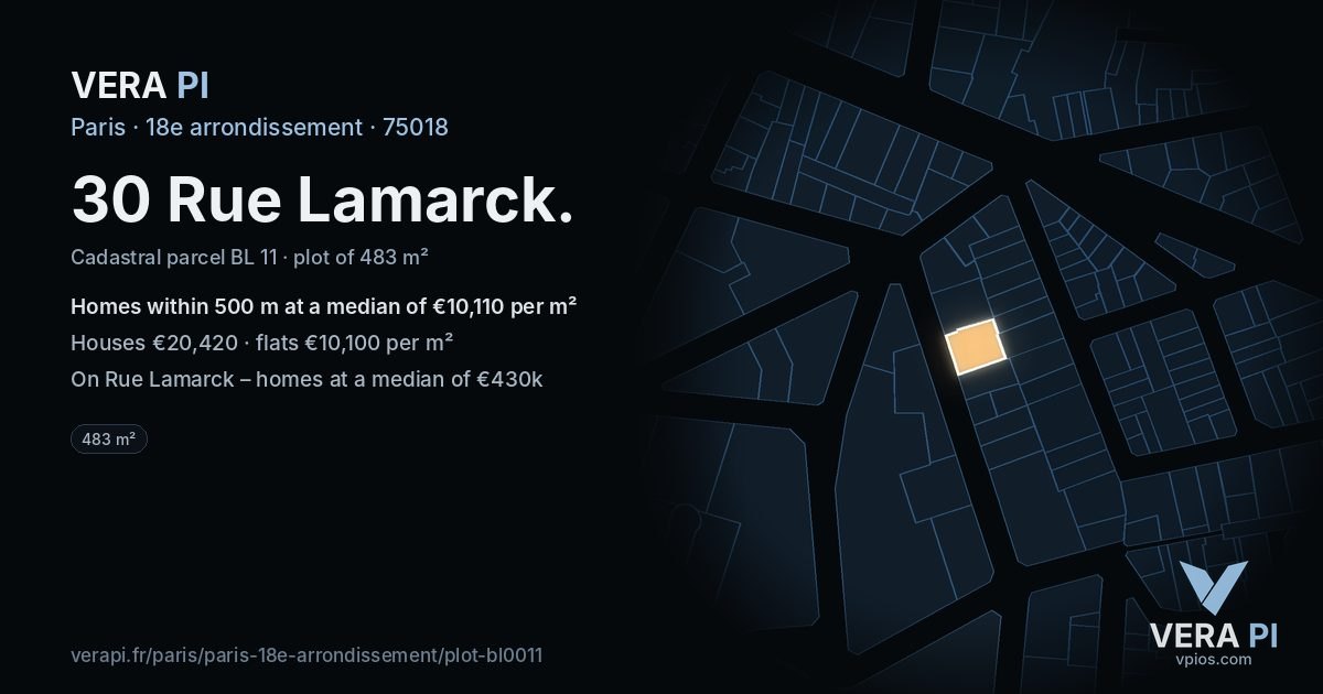 30 Rue Lamarck, 18e arrondissement at night – the plot lit, the parcels around coloured by the prices near them