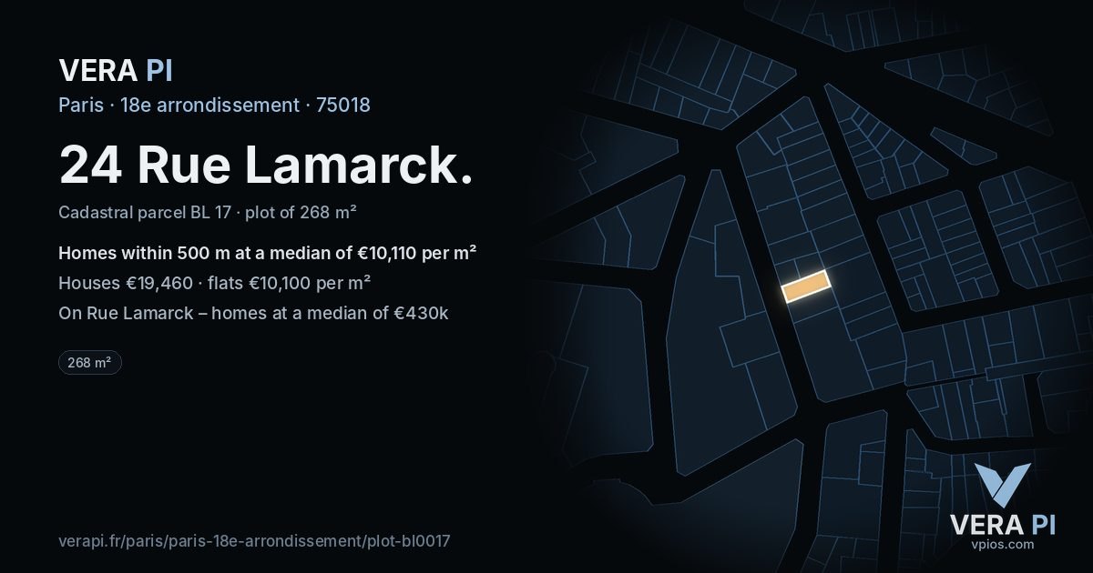 24 Rue Lamarck, 18e arrondissement at night – the plot lit, the parcels around coloured by the prices near them