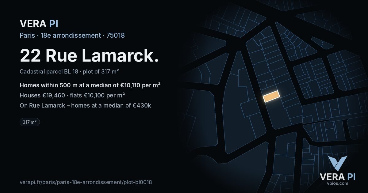 22 Rue Lamarck, 18e arrondissement at night – the plot lit, the parcels around coloured by the prices near them