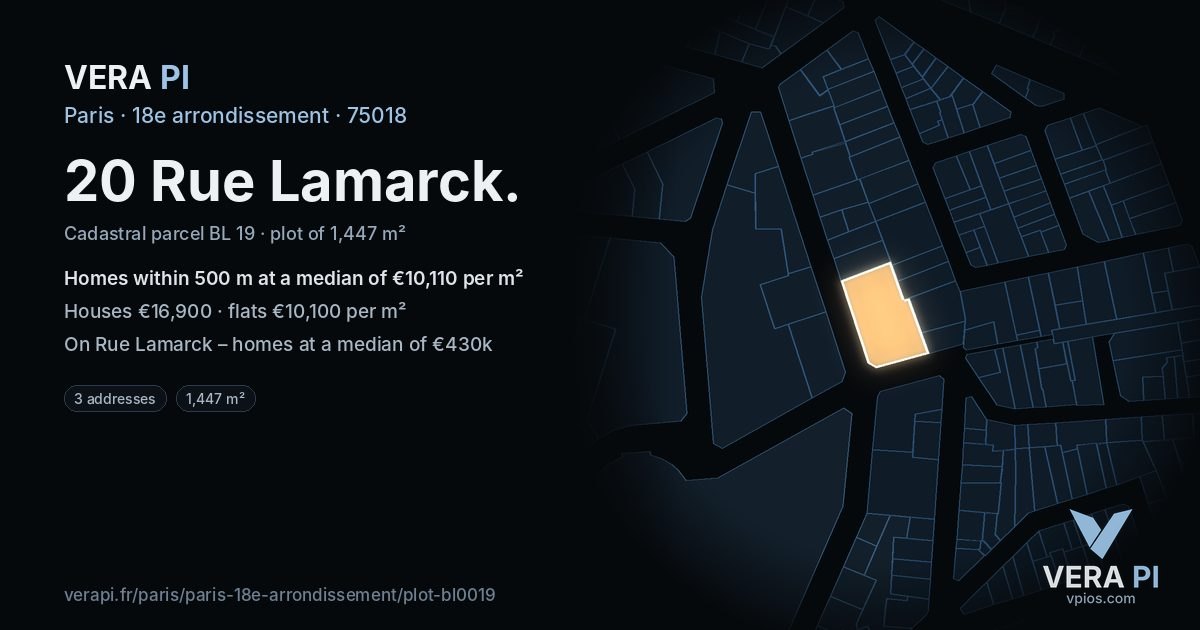20 Rue Lamarck, 18e arrondissement at night – the plot lit, the parcels around coloured by the prices near them