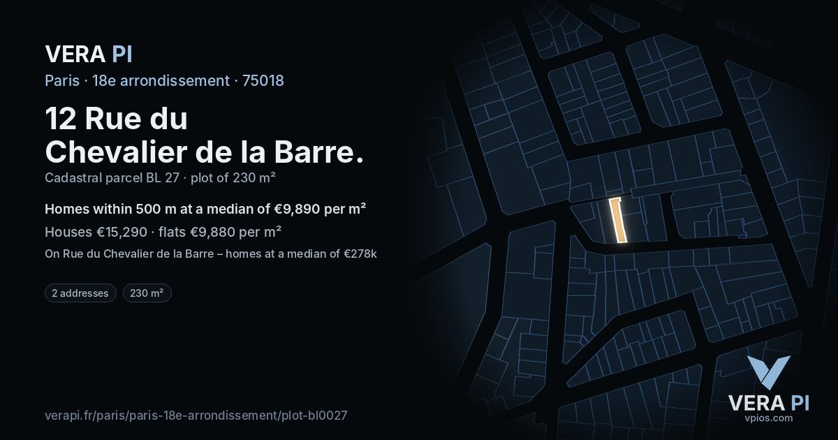 12 Rue du Chevalier de la Barre, 18e arrondissement at night – the plot lit, the parcels around coloured by the prices near them